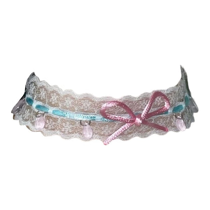 Close-up of Pastel Babybow Choker showing satin ribbon bow and soft lace details, crafted for cute bratty fashion