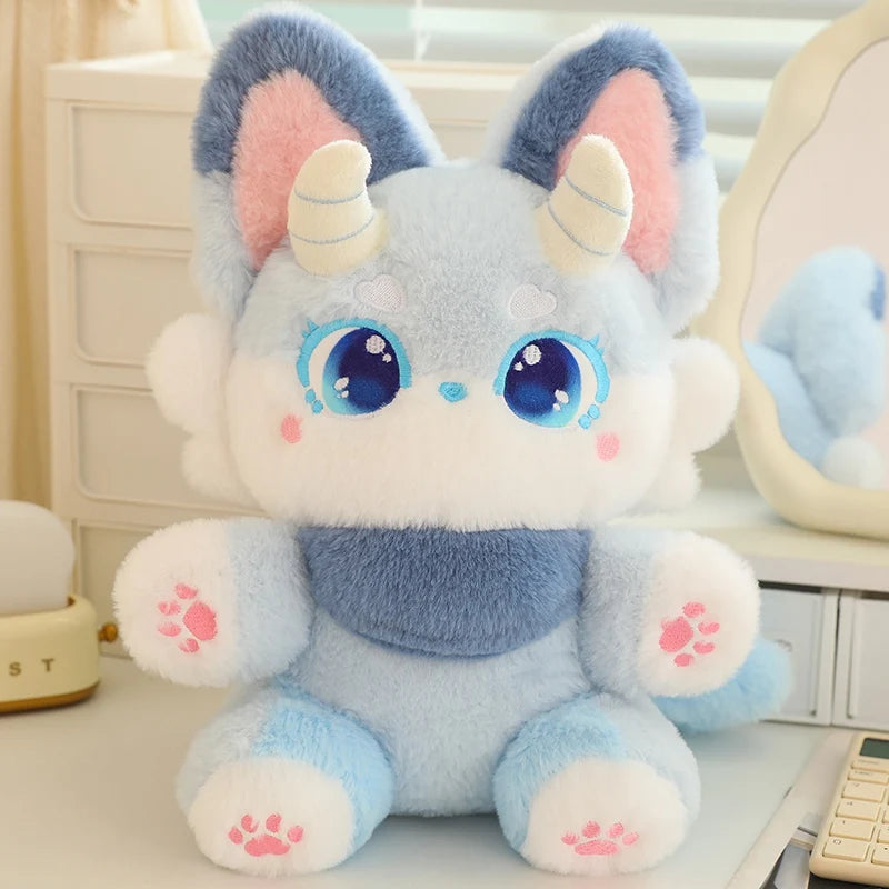Pastel blue dragon plushie with soft kawaii fantasy design, cozy cutecore aesthetic and cuddly DDLG bedroom decor