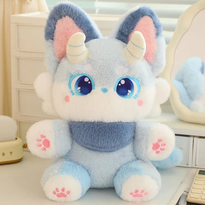 Pastel blue dragon plushie with soft kawaii fantasy design, cozy cutecore aesthetic and cuddly DDLG bedroom decor