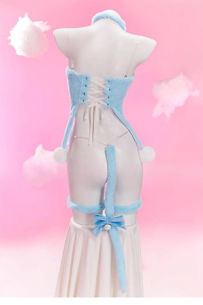 Back view close-up of pastel blue kitty cosplay tail with ribbon bow and bell attachment from kawaii kitty plush corset cosplay set cutecore fantasy cosplay outfit