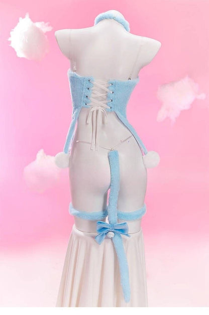 Back view close-up of pastel blue kitty cosplay tail with ribbon bow and bell attachment from kawaii kitty plush corset cosplay set cutecore fantasy cosplay outfit