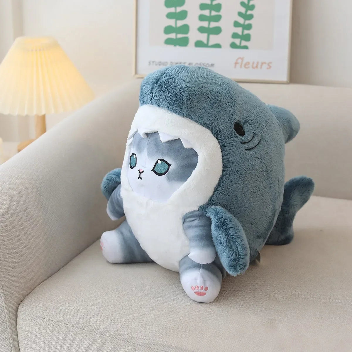 Single pastel blue Sharkie plush, kawaii shark-cat stuffed toy for cuddles