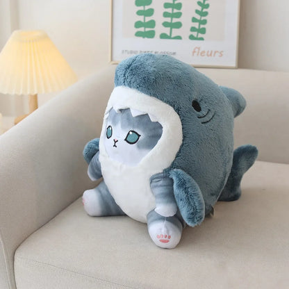 Single pastel blue Sharkie plush, kawaii shark-cat stuffed toy for cuddles