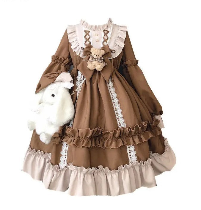 pastel brown teddy lolita dress with lace ruffles and plush teddy detail for cute ddlg abdl play