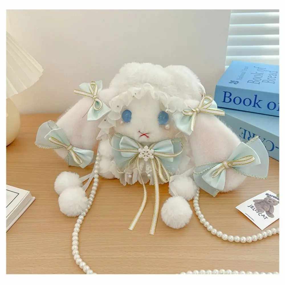 Pastel bunny crossbody bag with plush 3D bunny face, pearl strap and ribbon details, DDLG ABDL kawaii dollcore vibe