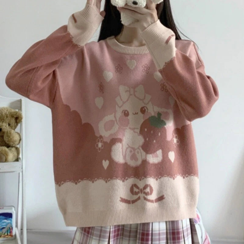 Pastel bunny Lolita knit pullover featuring strawberry accents, floral details, and kawaii cutecore fashion