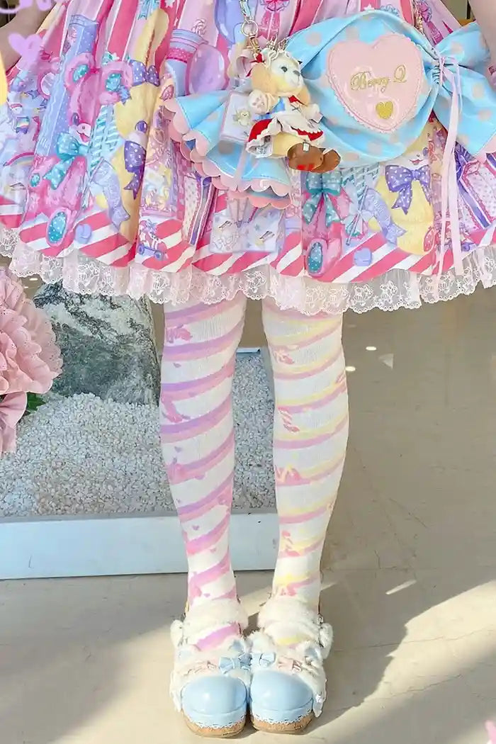 Pastel candy lace stockings featuring playful stripes, ribbons, and heart details for soft DDLG outfits