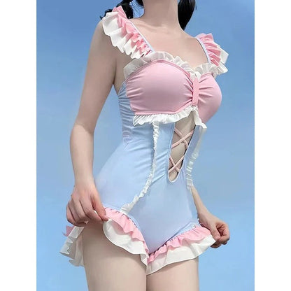 Pastel cotton candy onesie with flirty hollow cut, cutecore DDLG ABDL fashion