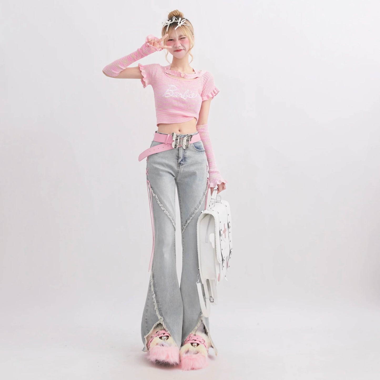 Pastel candycore ribbon lace-up denim, perfect for soft girl and little space fashion