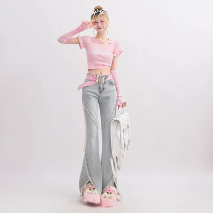 Pastel candycore ribbon lace-up denim, perfect for soft girl and little space fashion
