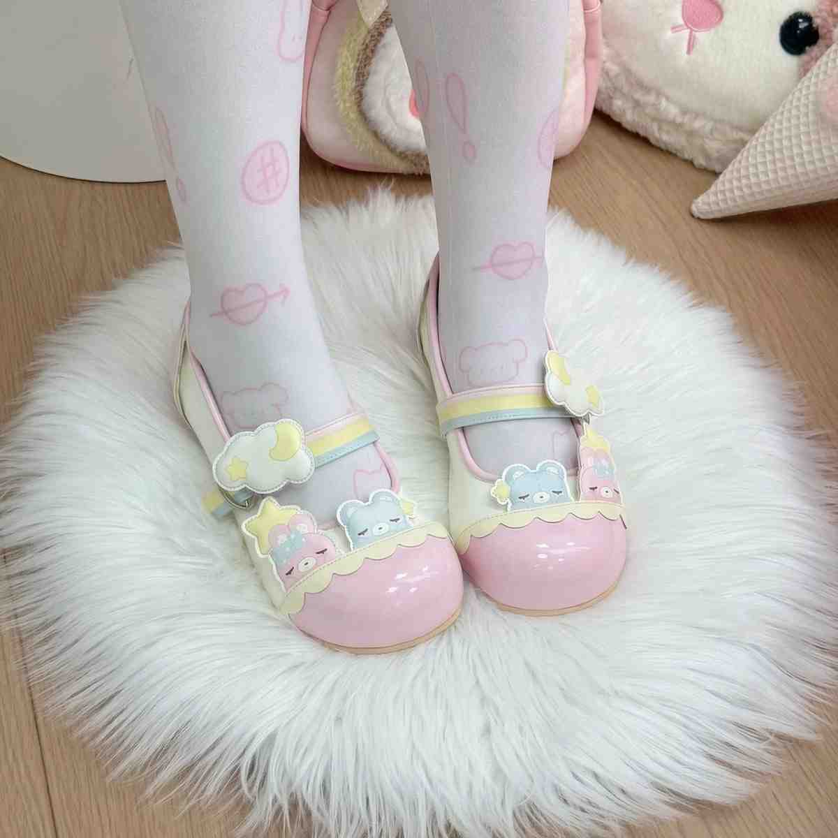 Pastel collectible Teddy Lolita flats with glossy finish, rainbow buckle, stars, clouds, and cutecore style