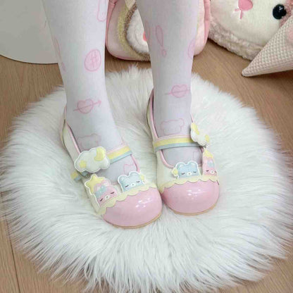 Pastel collectible Teddy Lolita flats with glossy finish, rainbow buckle, stars, clouds, and cutecore style