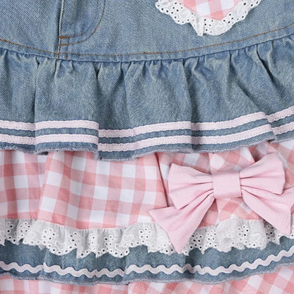 Pastel denim blue preppy skirt with kawaii pleats, perfect for dollcore fashion and soft girl aesthetics.
