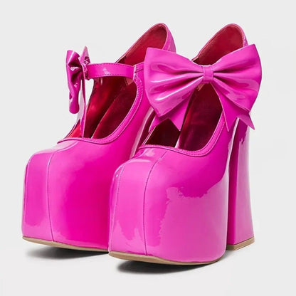Pastel dollcore glossy heels with platform lift and sweet girly vibes