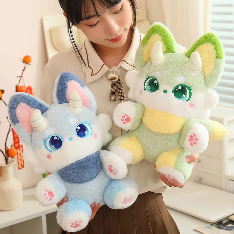 Pastel dragon guardian plushie with cute horns, blush cheeks and soft kawaii fantasy design