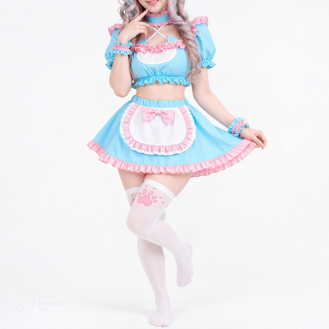 Pastel Dream kawaii maid cosplay with sweetheart crop top and apron, DDLGirl style