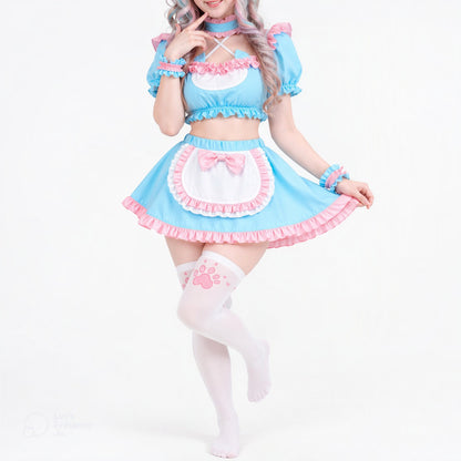 Pastel Dream kawaii maid cosplay with sweetheart crop top and apron, DDLGirl style