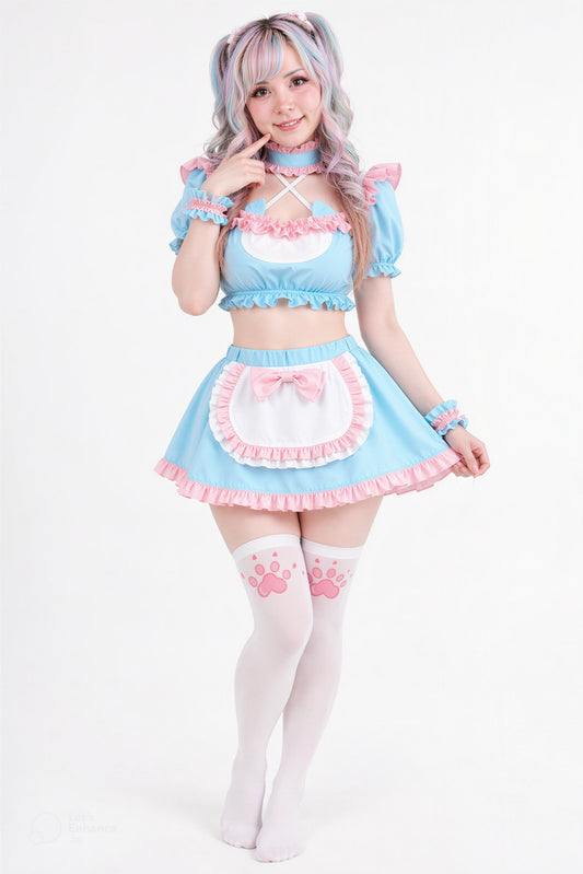 Model wearing full Pastel Dream kawaii maid cosplay coordinate, DDLGirl style