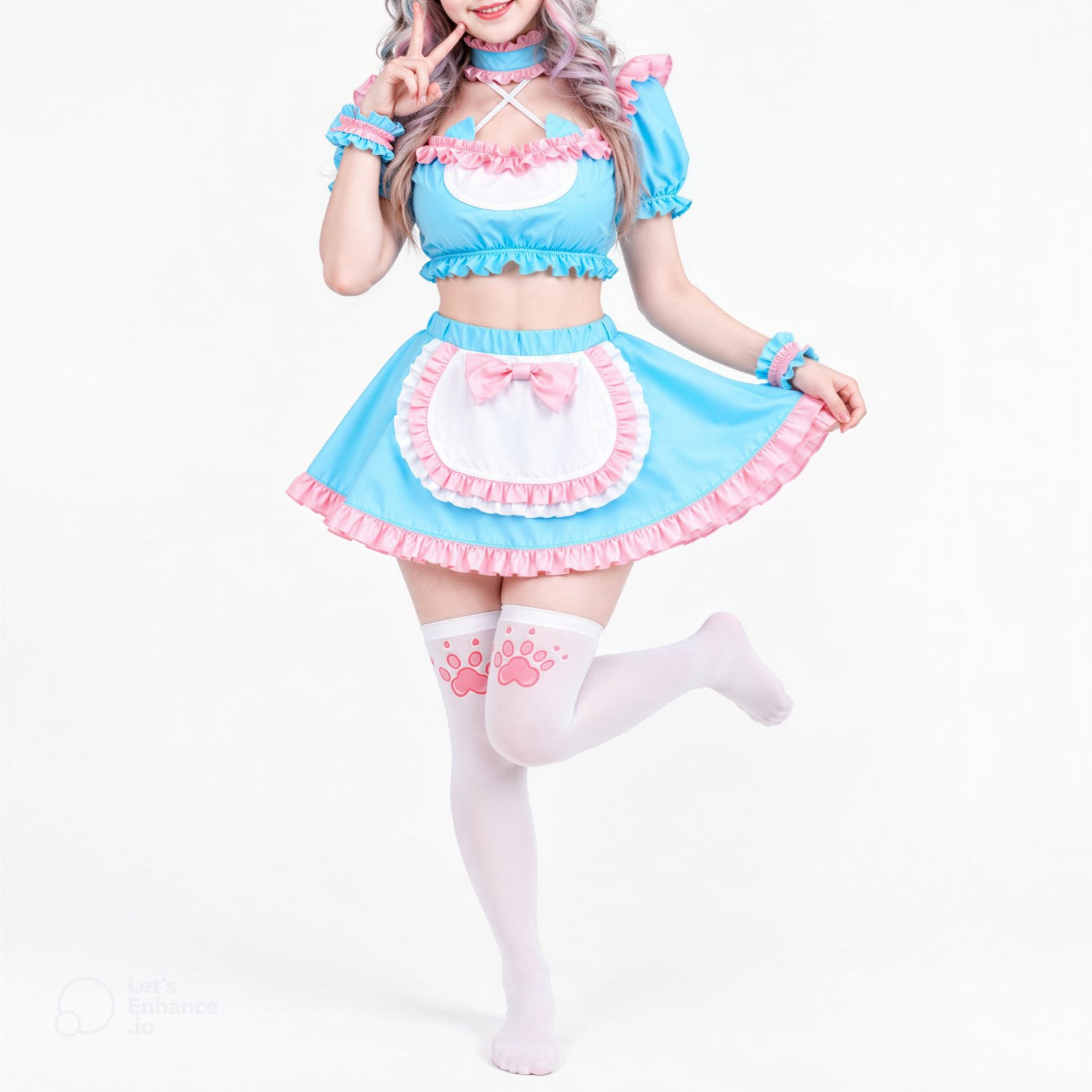 Model posing in Pastel Dream kawaii maid cosplay with apron detail
