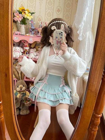 Pastel fairycore Lolita corset skirt with high-waist design and ribbon frills for kawaii DDLG/ABDL outfits