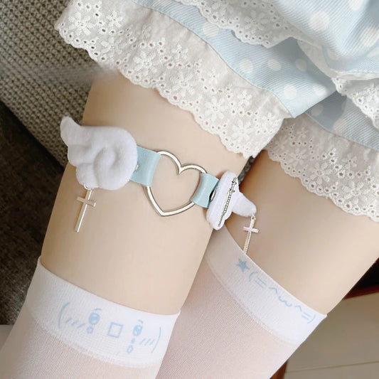 pastel fallen angel garter with delicate pastel straps and celestial metal details for kawaii DDLG ABDL play