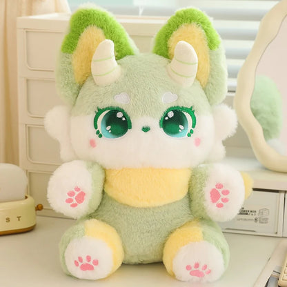 Pastel green dragon plushie with magical kawaii fantasy style and cozy cutecore room decor aesthetic