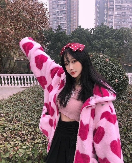 Pastel Heart Print Jacket Soft Breathable Fleece for Kawaii, Babycore, and DDLG Fashion, Relaxed Fit Cozy Layering