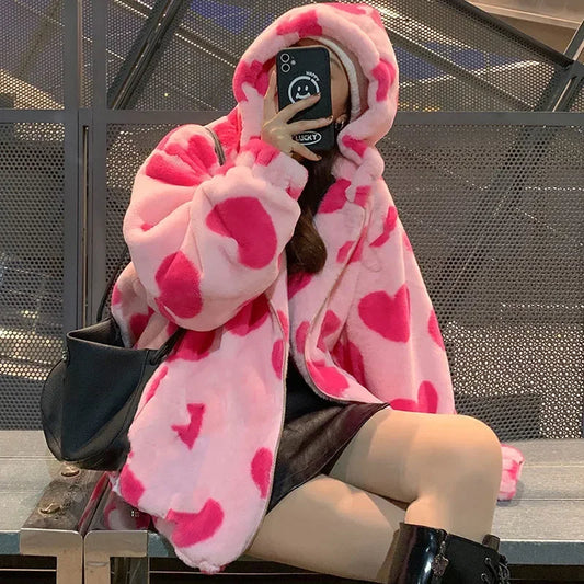Pastel heart print kawaii jacket 💗 DDLG ABDL babycore style with soft fleece lining, vibrant colors & relaxed fit 🎀