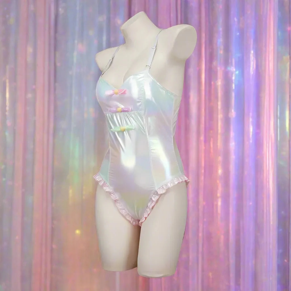 Holographic Accents Bows Bolero Crop Top Bodysuit, kawaii maid cosplay, playful flirty babygirl cutecore energy