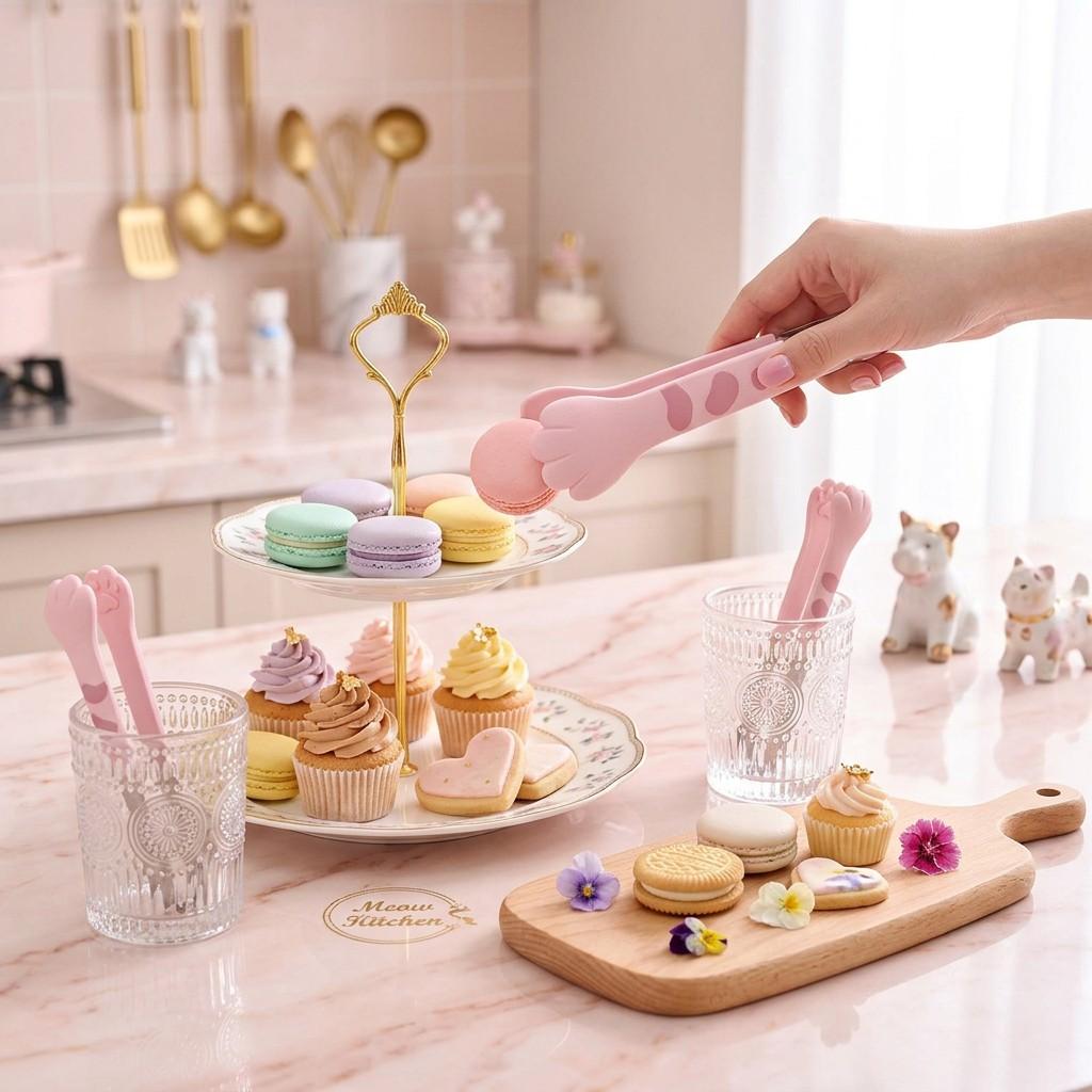 Pastel kawaii kitchen tongs featuring cat paw grip design for serving food, baking, and cute cooking moments