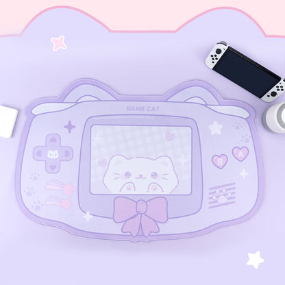 Pastel purple kawaii kitty mousepad XL size with soft cloth surface and anti-slip rubber backing for cozy gaming desks