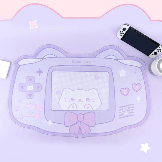 Pastel purple kawaii kitty mousepad XL size with soft cloth surface and anti-slip rubber backing for cozy gaming desks