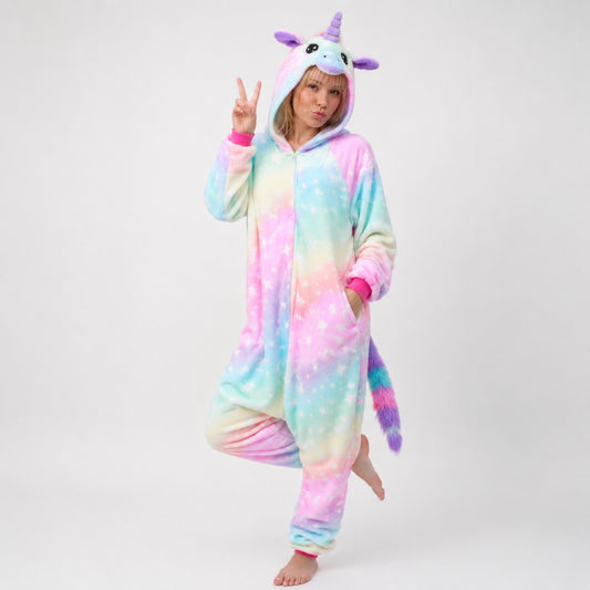 Model wearing pastel rainbow kawaii unicorn dream jumpsuit, DDLG ABDL style