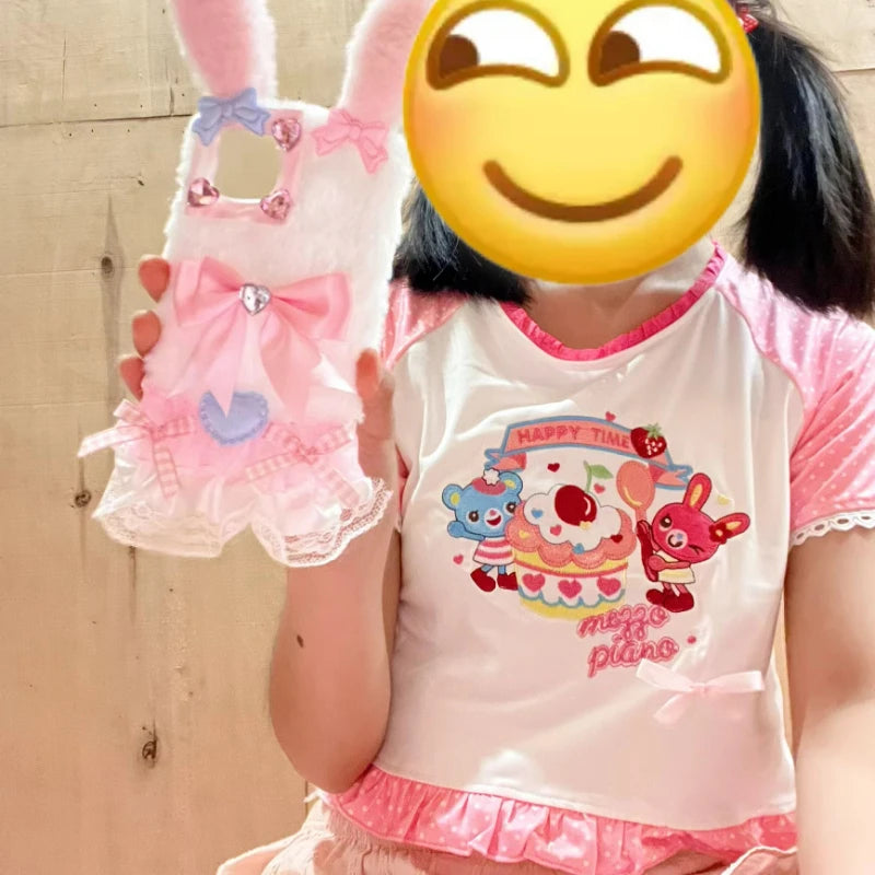 Pastel little crop top in pink with adorable bear and bunny graphics, perfect for cuddles and twirls