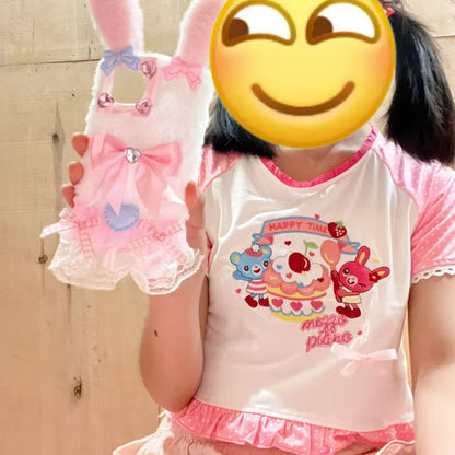 Pastel little crop top in pink with adorable bear and bunny graphics, perfect for cuddles and twirls