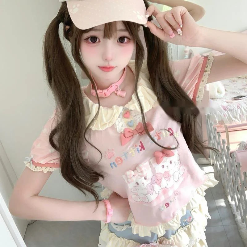 Pastel Lolita two-piece set featuring a kawaii kitten t-shirt and matching skirt