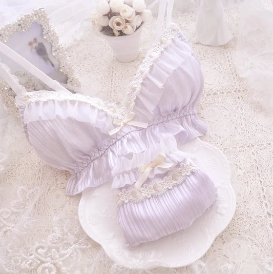 Lavender pastel Lolita lingerie set featuring triangle panties and matching bow bra with cotton lining