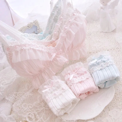 Pastel Lolita lingerie set with pink bow bra and low-waist panties in soft chiffon and milk silk