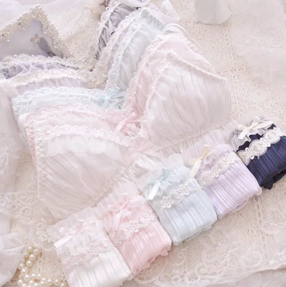 Pastel Lolita lingerie set available in pink and purple, featuring comfy milk silk and cotton-lined underwear