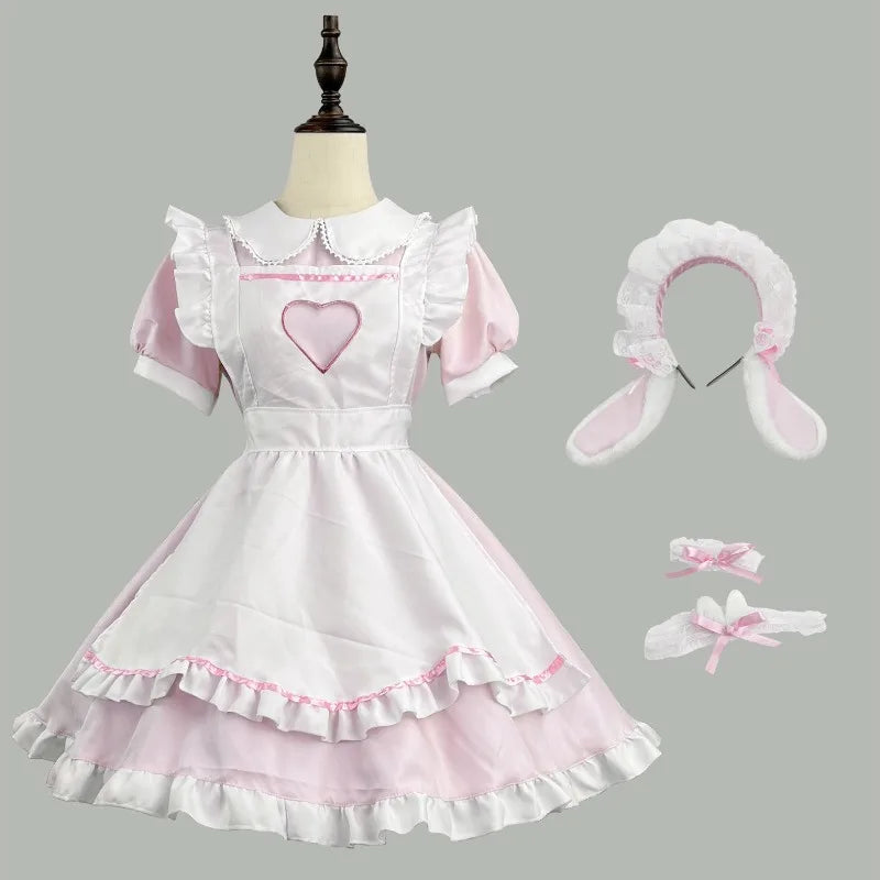 Pastel Lolita maid cosplay dress set with heart detail, layered ruffles, bunny headband, kawaii cutecore style for DDLG and ABDL