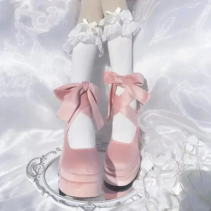 Pastel suede platform heels with lace-up leg ties, kawaii, lolita, cutecore and alternative fashion for DDLG and ABDL aesthetics