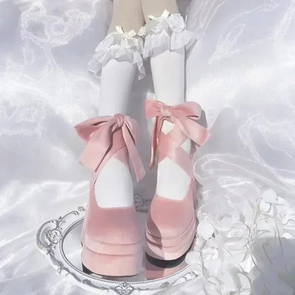 Pastel suede platform heels with lace-up leg ties, kawaii, lolita, cutecore and alternative fashion for DDLG and ABDL aesthetics