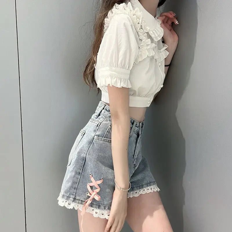 Soft pastel lace shorts with heart accents and ruffles, perfect for kawaii, DDLG, and ABDL fashion looks