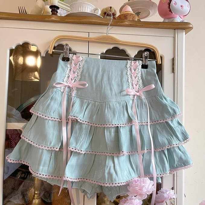 Pastel mint green Lolita ribbon corset skirt with frilly layers, high-waist design for kawaii DDLG, ABDL, and little aesthetic fashion