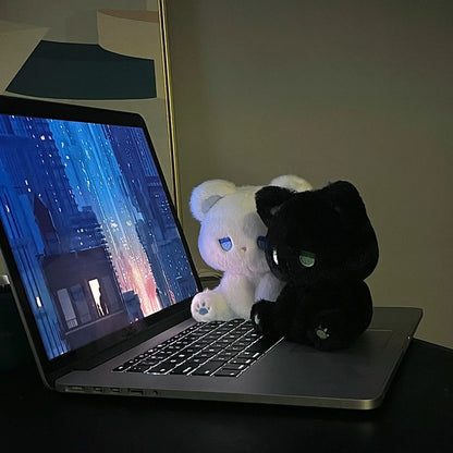 Pastel Moody Teddy Plush set in black and white, kawaii emo plushies for ABDL cuddle aesthetic