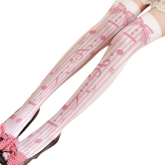 Pastel music note stockings with ribbon hearts, playful and softcore for DDLG & ABDL outfits