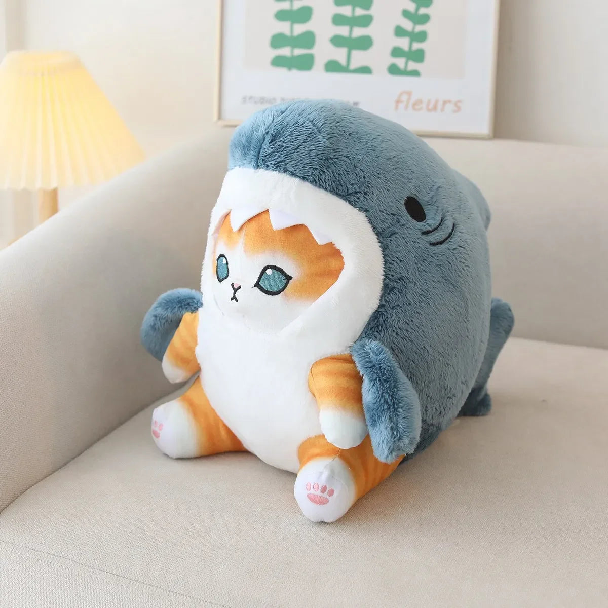 Single pastel orange Sharkie plush, kawaii shark-cat stuffed toy, soft & cozy