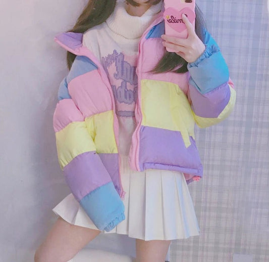 Pastel Overdose hooded puffer jacket in dreamy babycore tones for ddlg and abdl fashion lovers.
