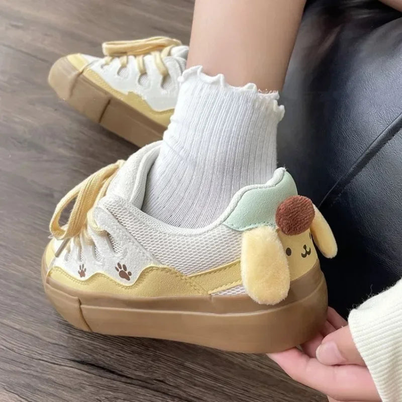 Cute pastel sneakers with pawprint sole and bunny ear design, comfy cutecore shoes for littles, brats, and caretakers