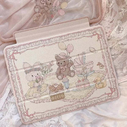 Pastel Picnic Pals iPad Cover with bear and bunny friends for cutecore and little space aesthetic 🌸